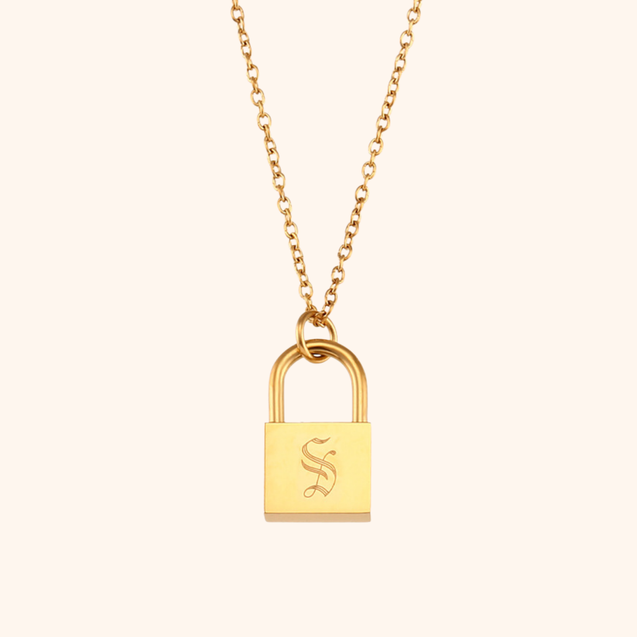 18k gold lock pendant necklace with engraved letter S